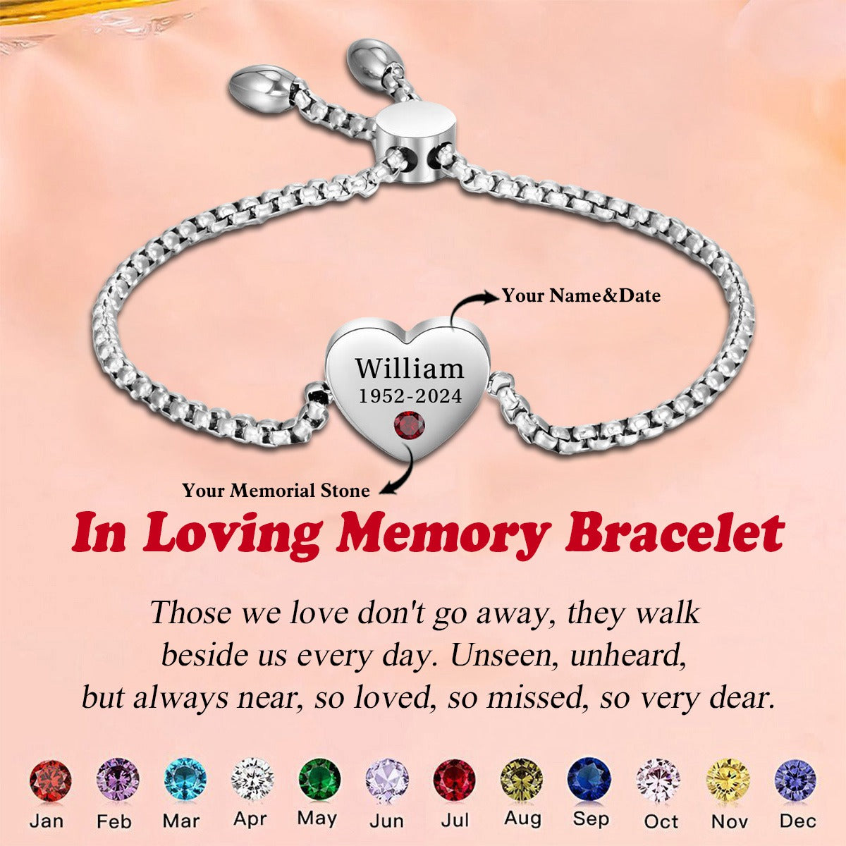 Personalized Name Heart Birthstone Memorial Bracelet - woohops