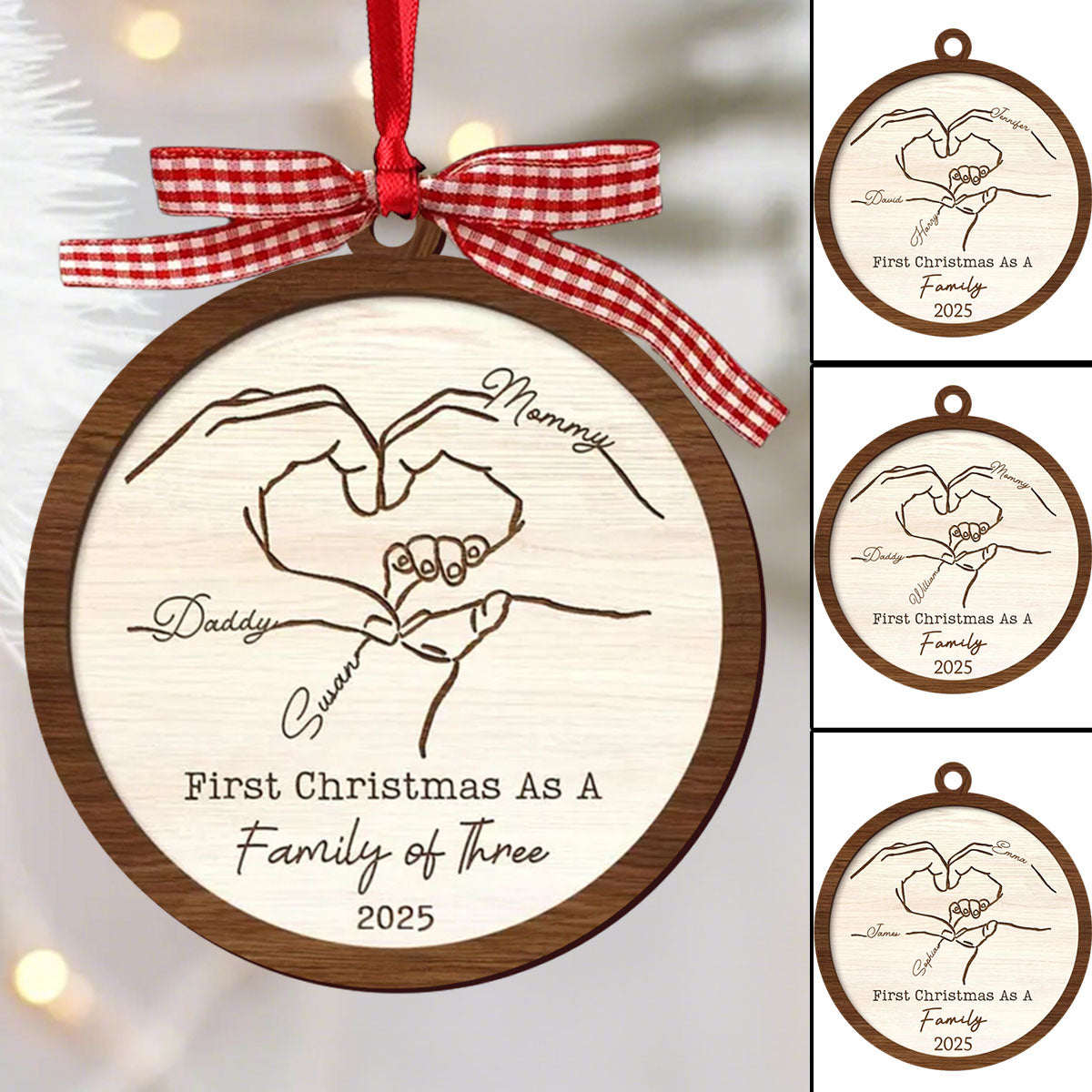 First Christmas As A Family Of Three - Custom Wood Ornament