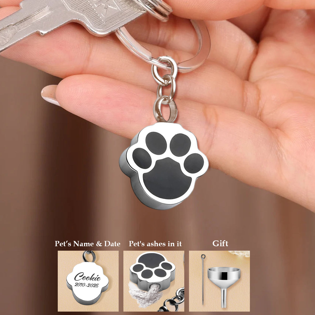 Personalized Pet Ashes Urn Memorial Keychain, Dog Paw Print Keepsake