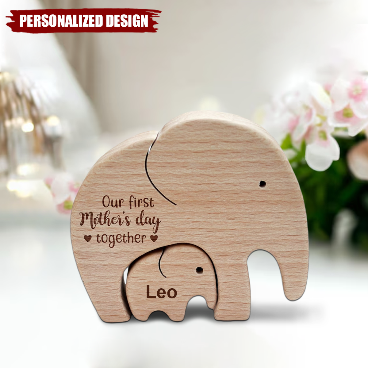 Personalized Wooden Mom And Baby Elephant, First Mother's Day Gift