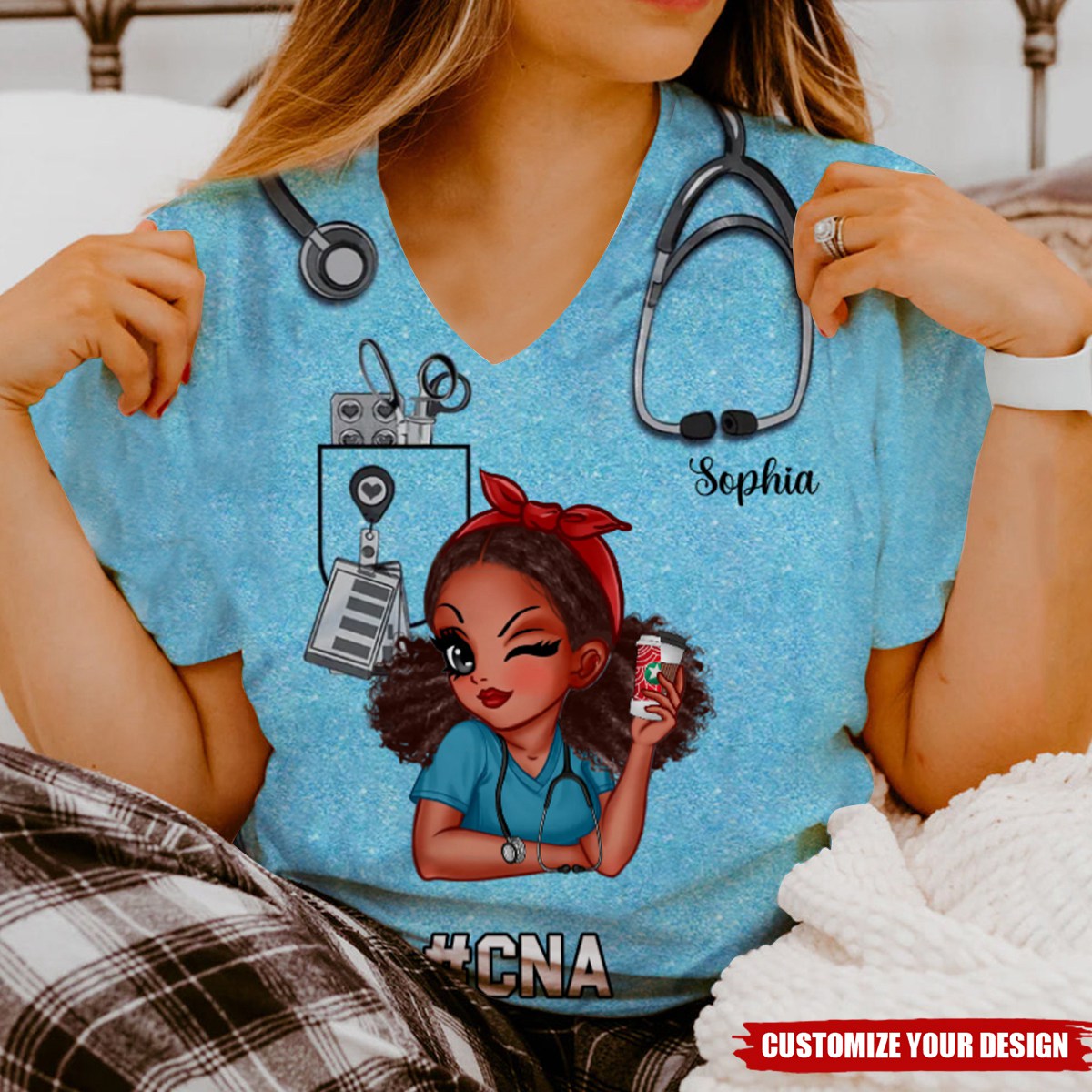 Pretty Doll Nurse Scrub CNA RN Healthcare Worker Personalized V-neck 3D T-shirt