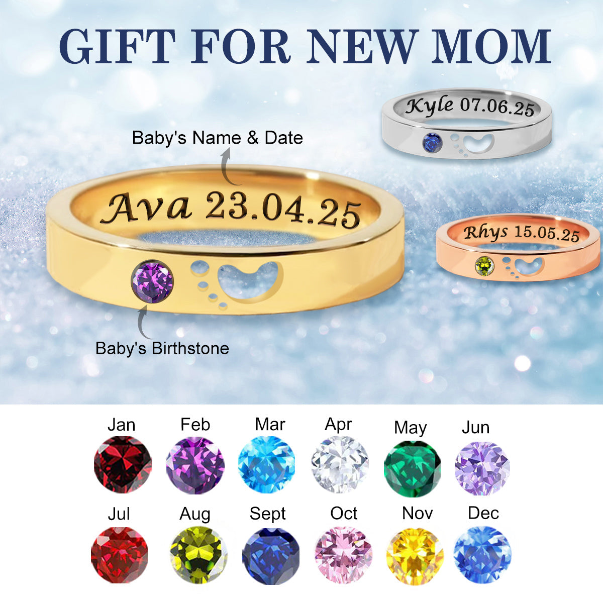 Personalized Foot Print Ring With Birthstone, New Mother's Gift