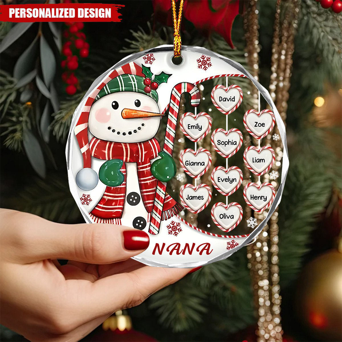 Personalized Grandma's Sweetheart Snowman Candy Circle Glass Ornament