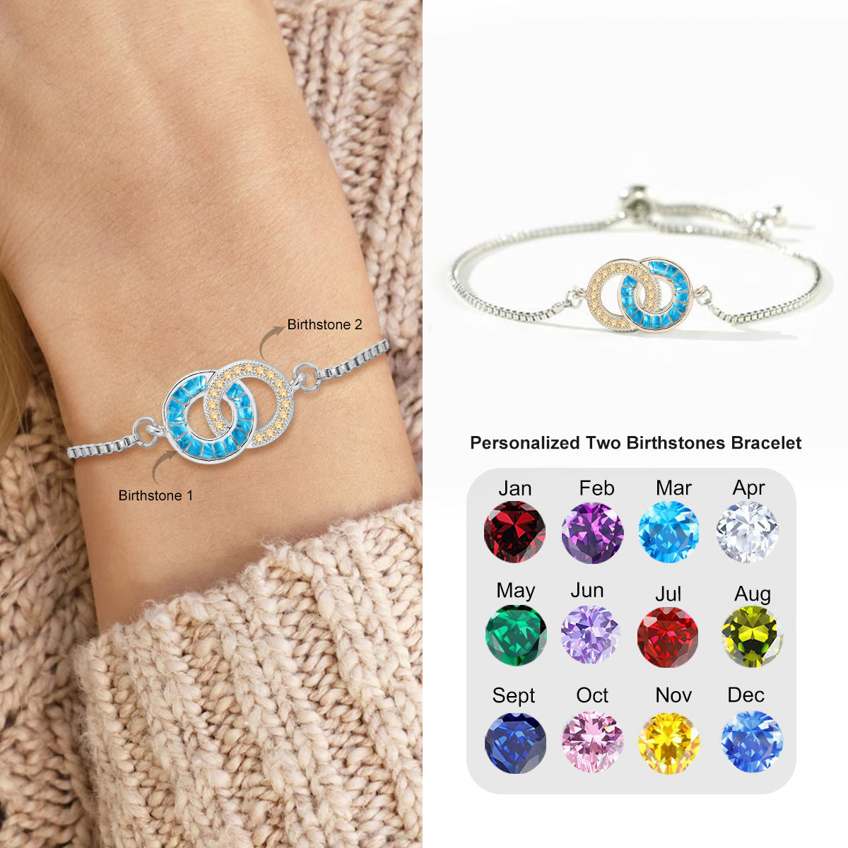 Personalized Double Circle Birthstone Couple Bracelet
