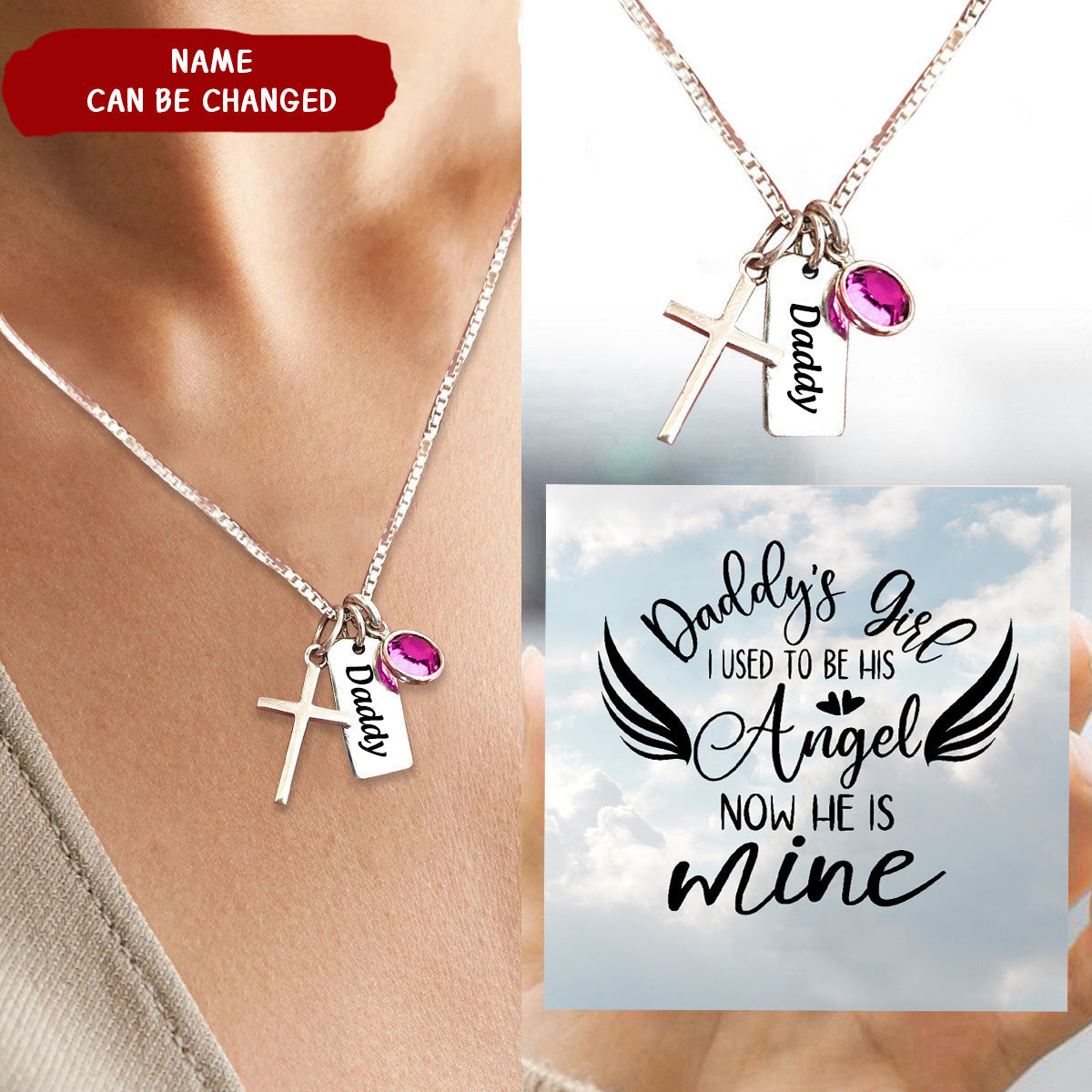 Personalized Dad Memorial Birthstone Necklace with Cross Charm