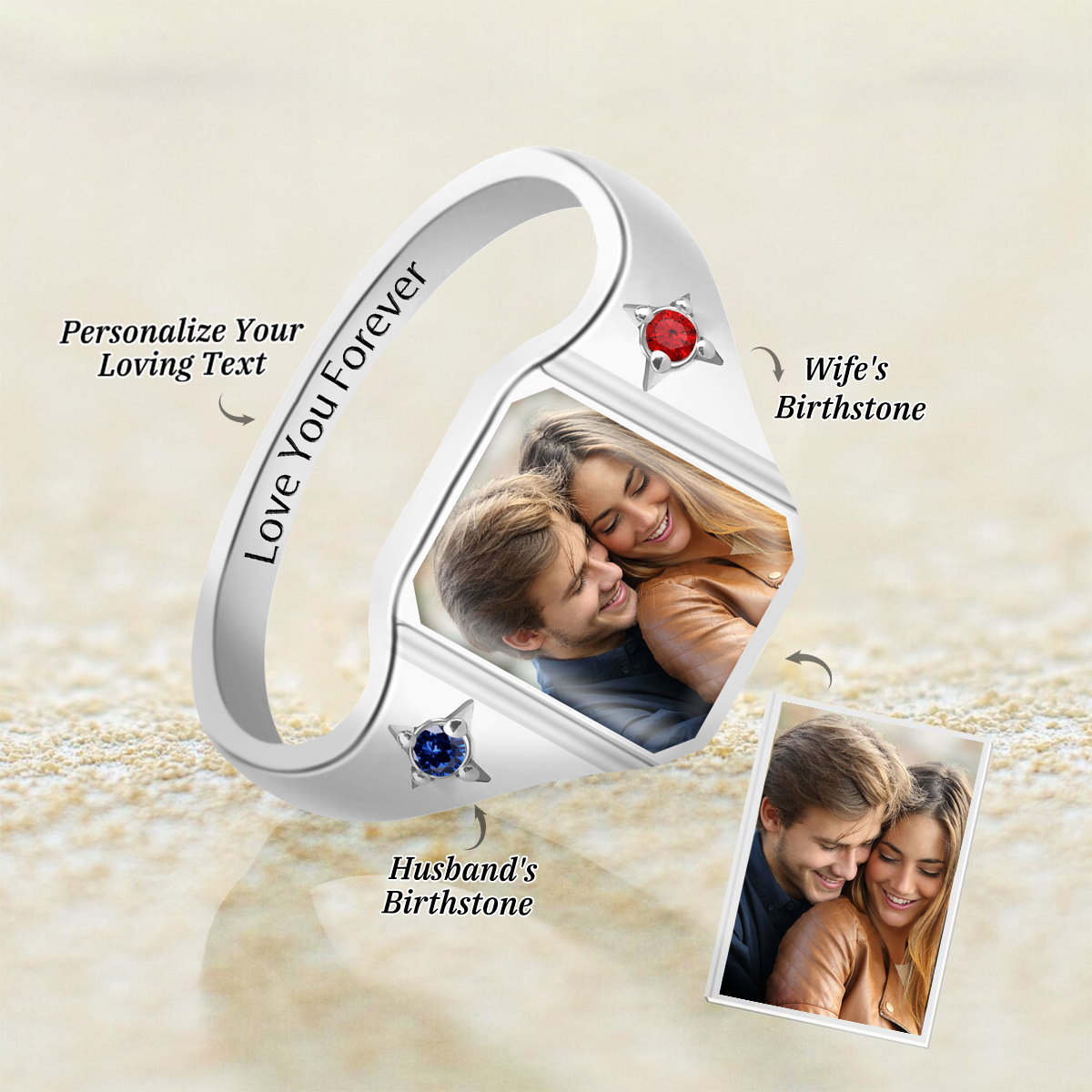 Love You Forever - Custom Photo & Birthstone Couple Ring