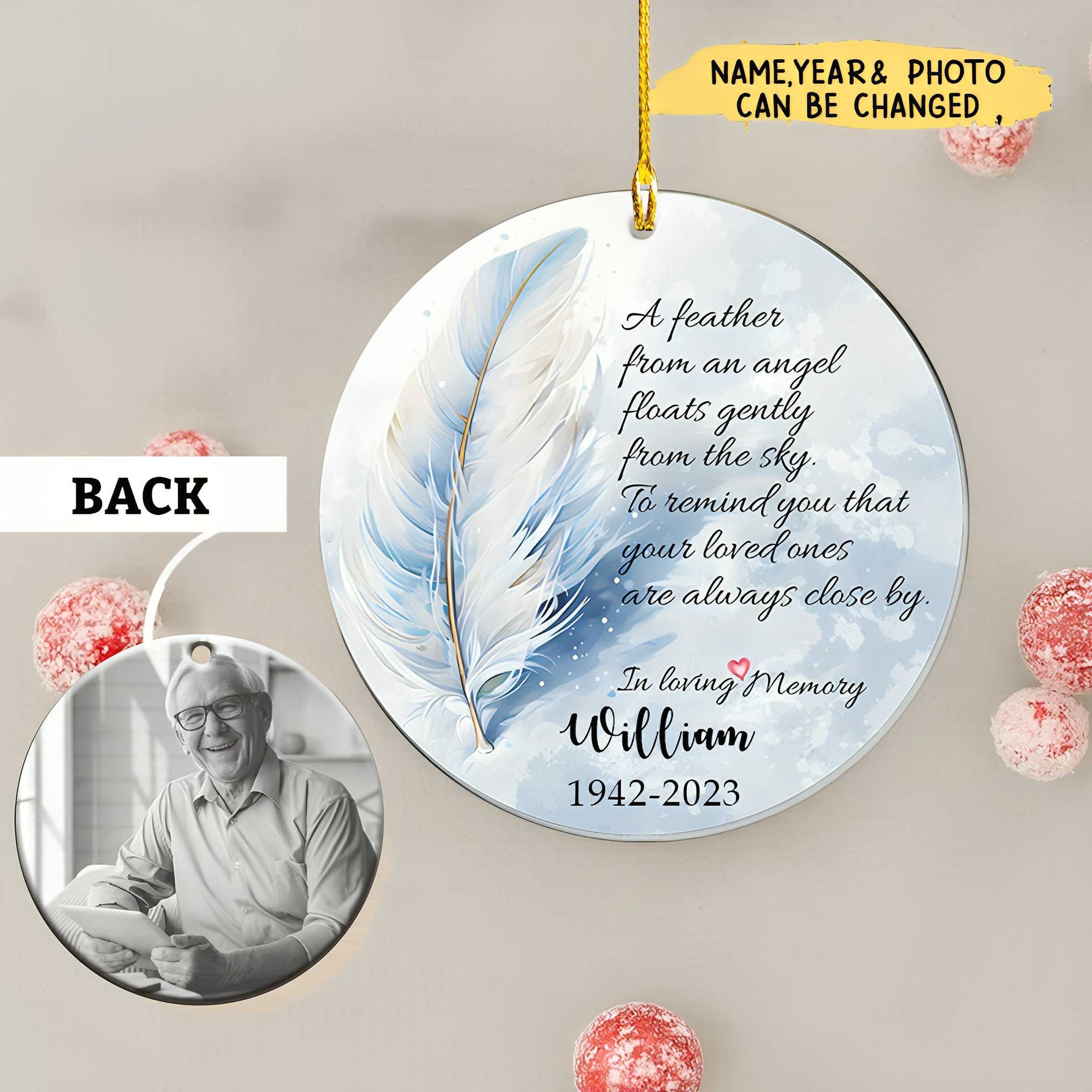 Feather Memorial Ceramic Ornament -Personalized Remembrance Gift