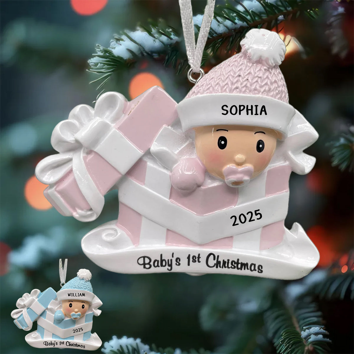 Personalized Baby Girl Boy in Present Ornament Baby's First Christmas