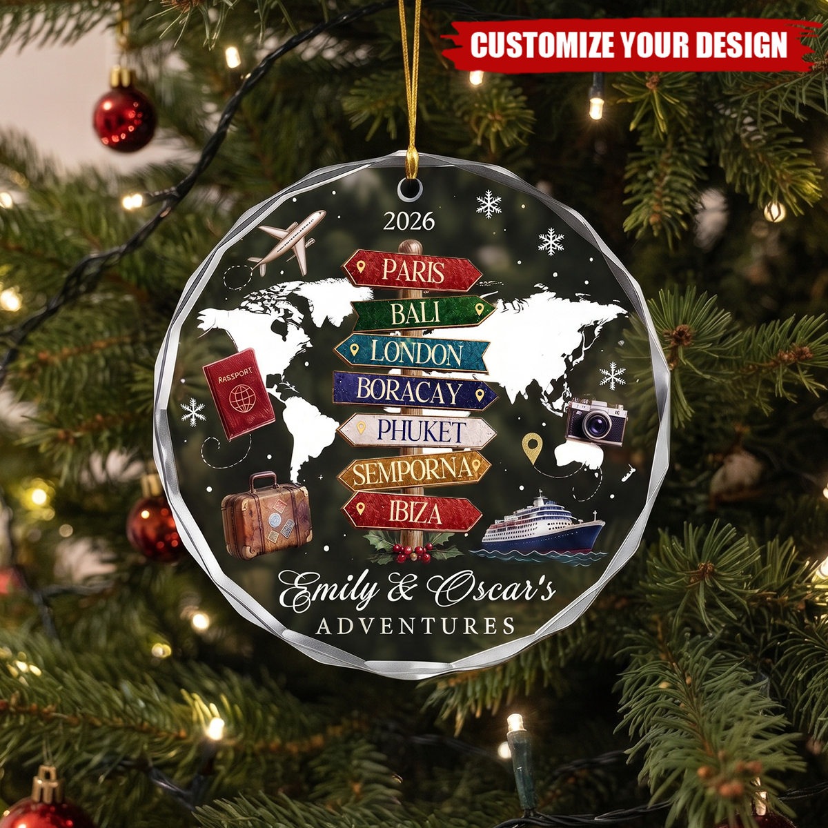 Personalized Travel Adventure Couple Christmas Ornament
