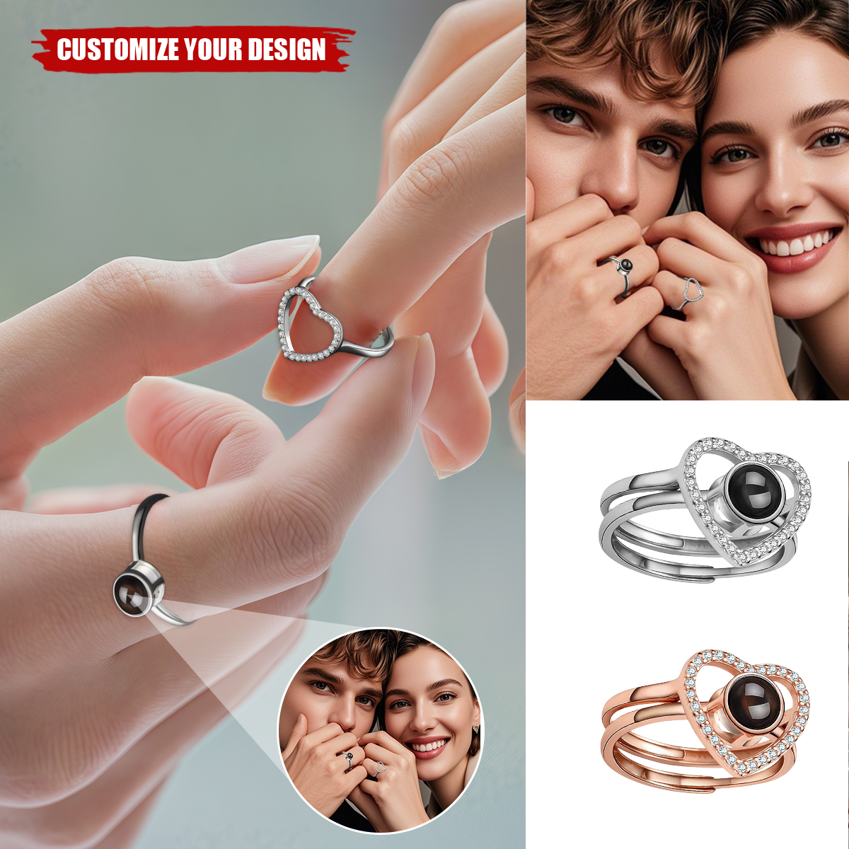 Custom Stackable 925 Silver Rings With Photo Projection