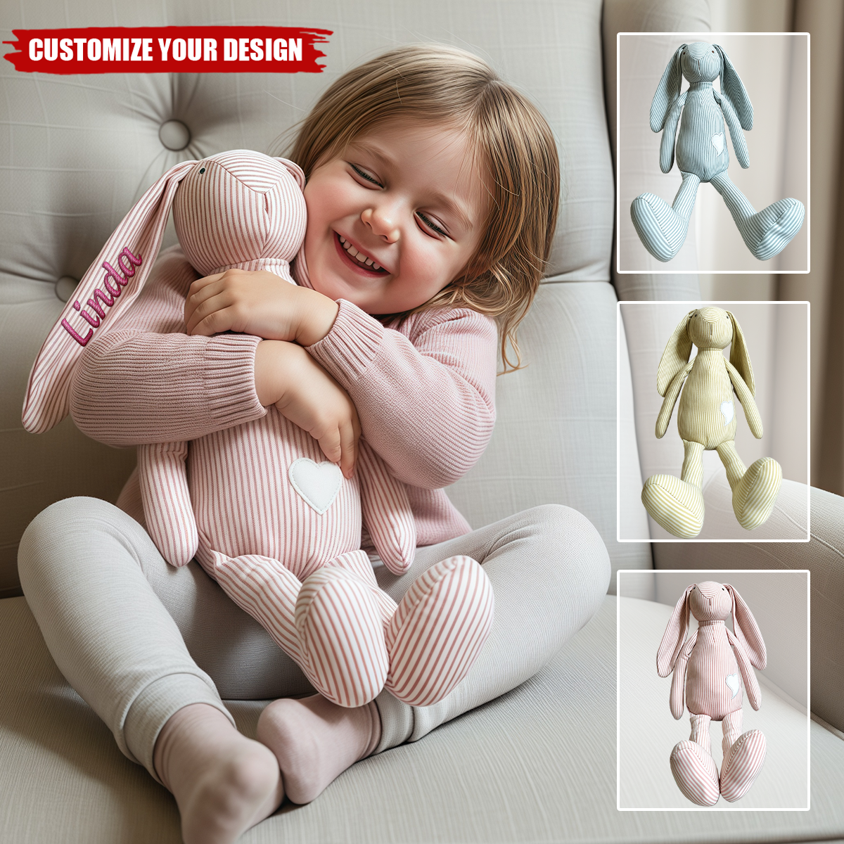 Personalized Floppy Heart Striped Easter Bunny With Kid's Name