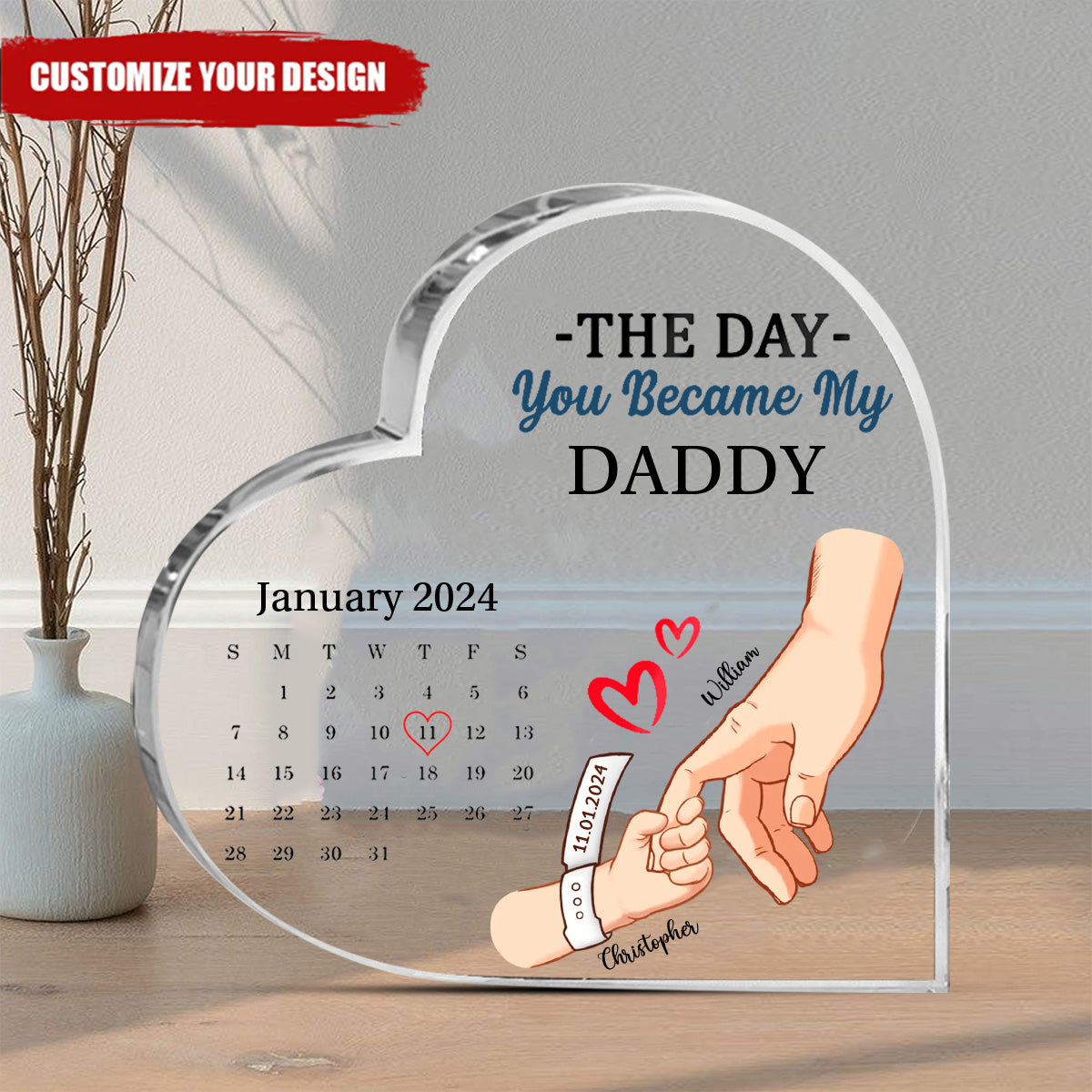 Calendar The Day You Became My Mommy Personalized Heart Shaped Acrylic Plaque