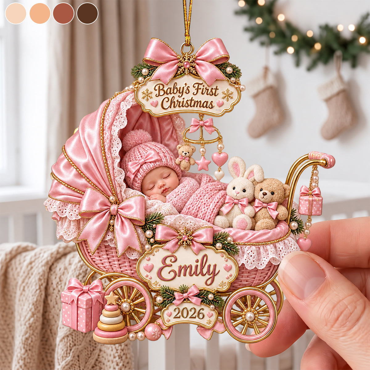 Baby Sleeping Inside An Carriage - Personalized Baby’s First Christmas Ornament