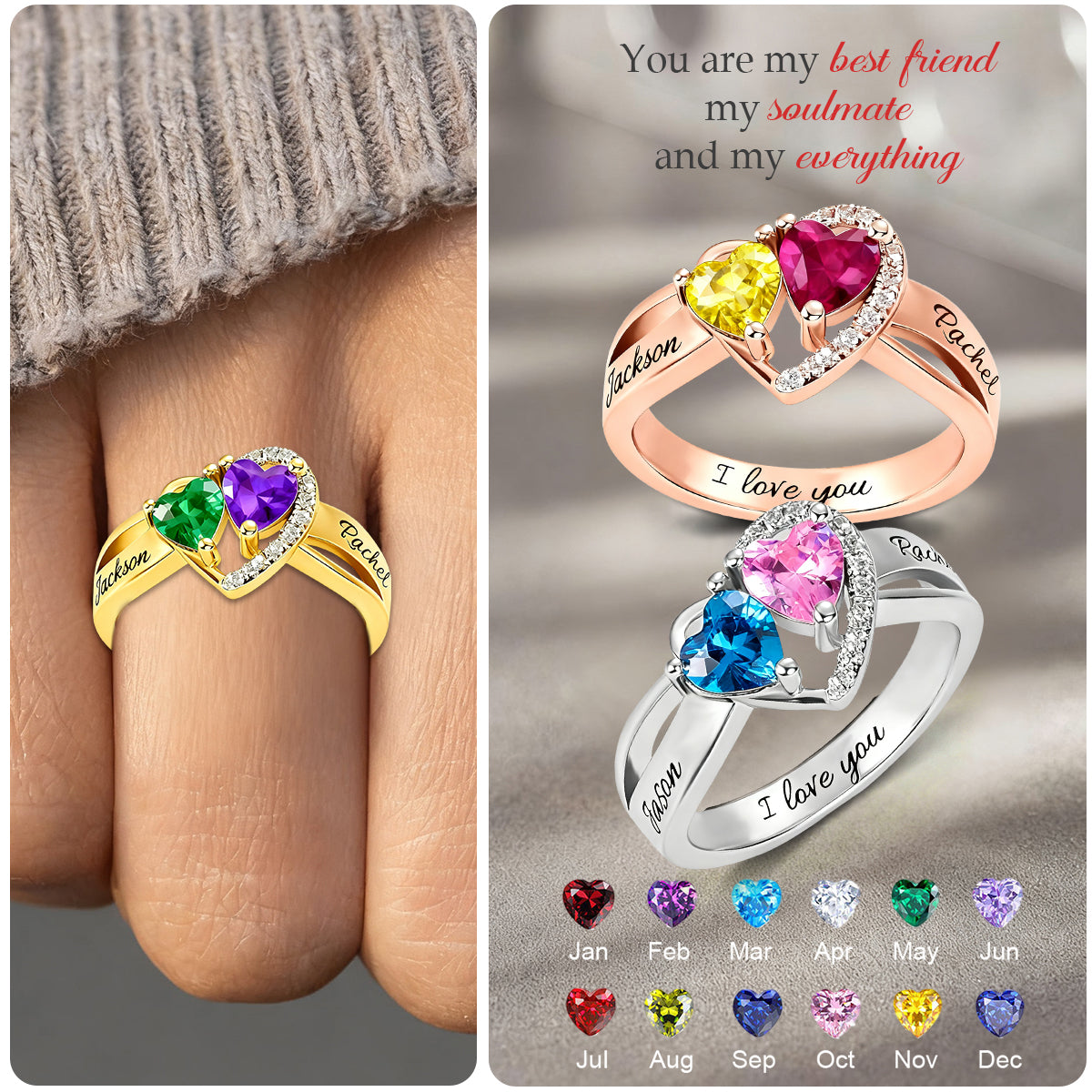 Personalized Birthstone & Name Heart Promise Couple Ring