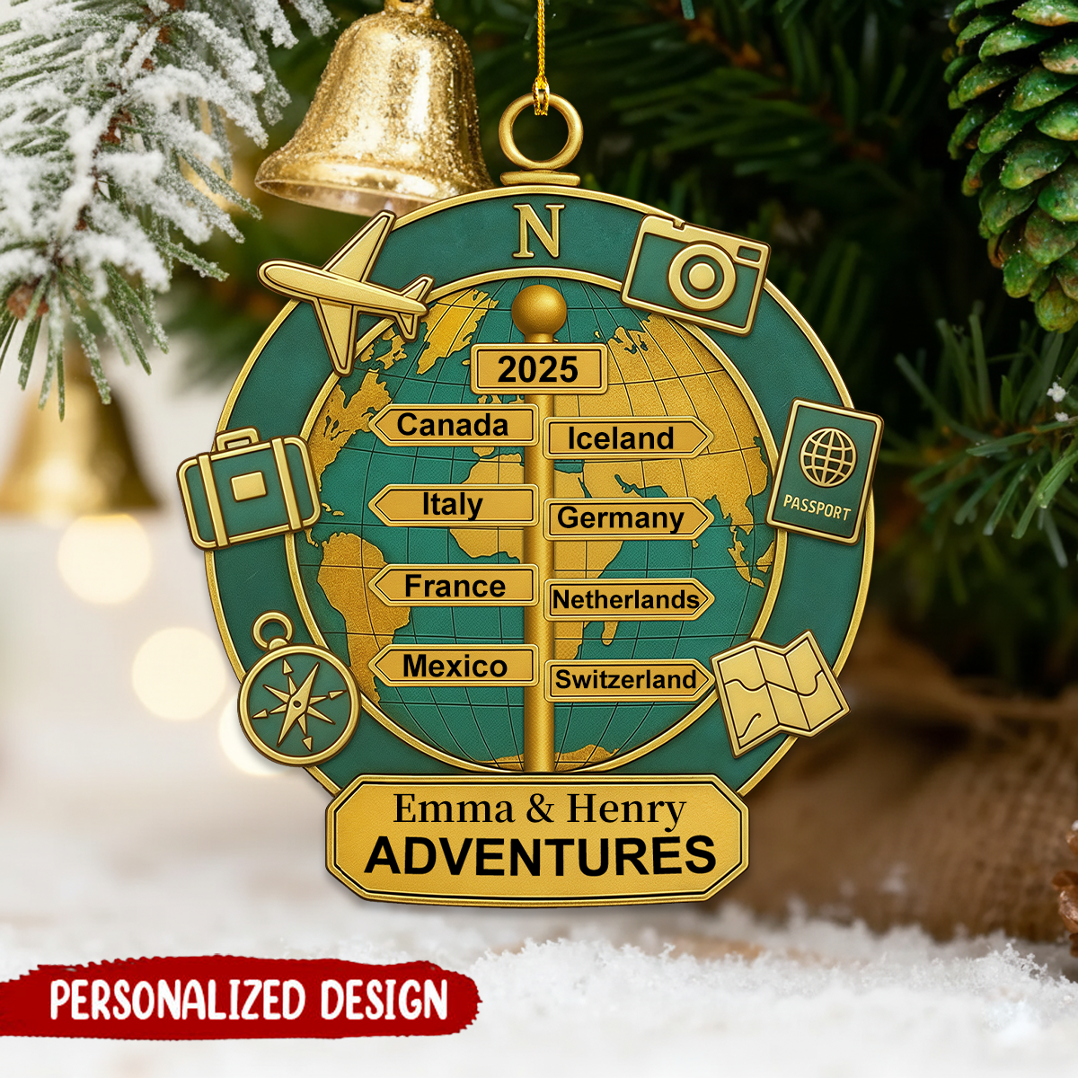 Personalized Travel Destination Ornament, Adventure Gift For Couple