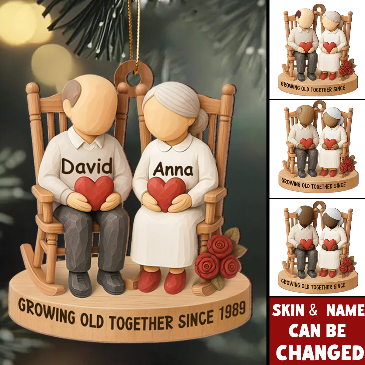 Old Couple Sitting On Chair-Personalized Wooden Ornament