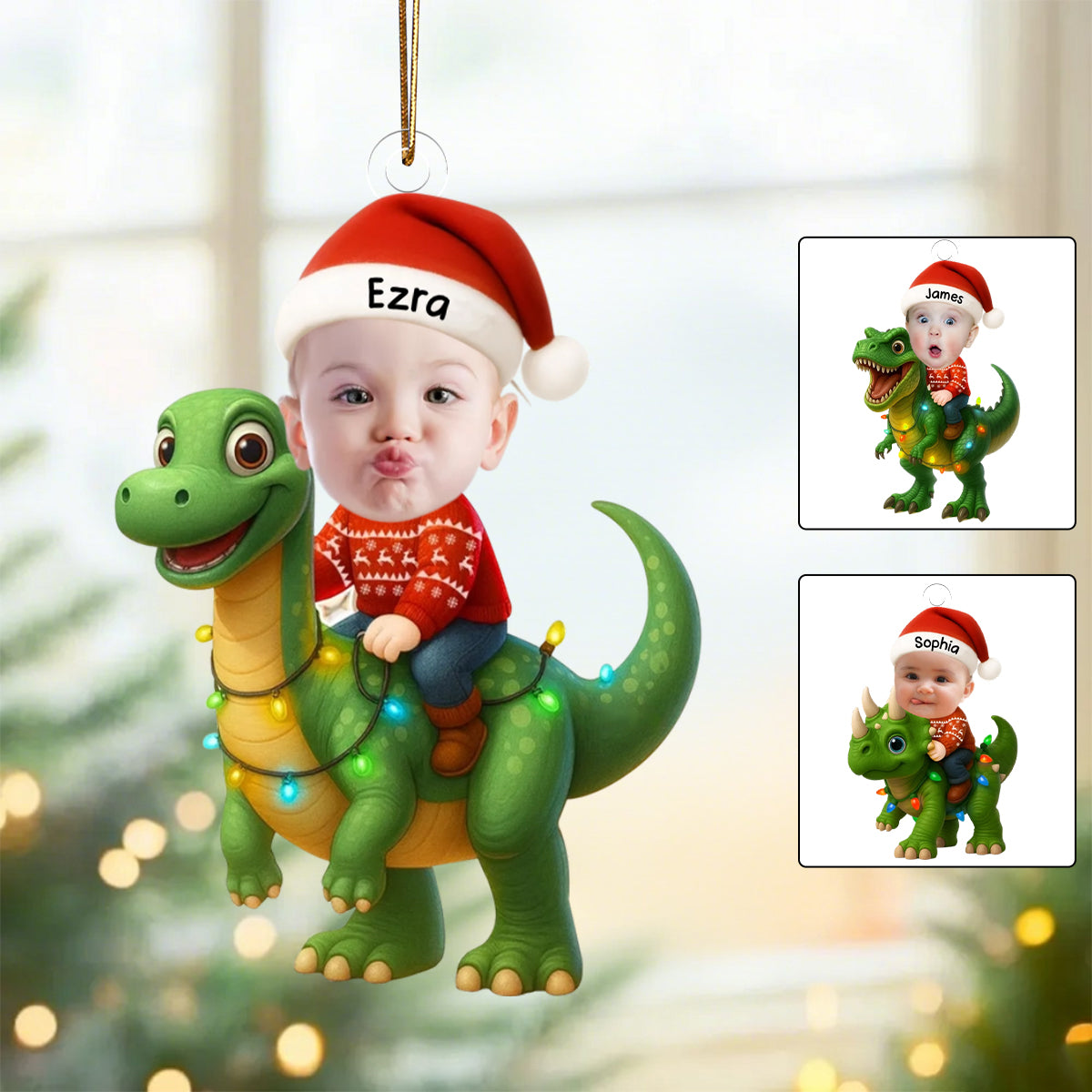 Personalized Cute Kid Rides The Dinosaur Kid Photo Ornament