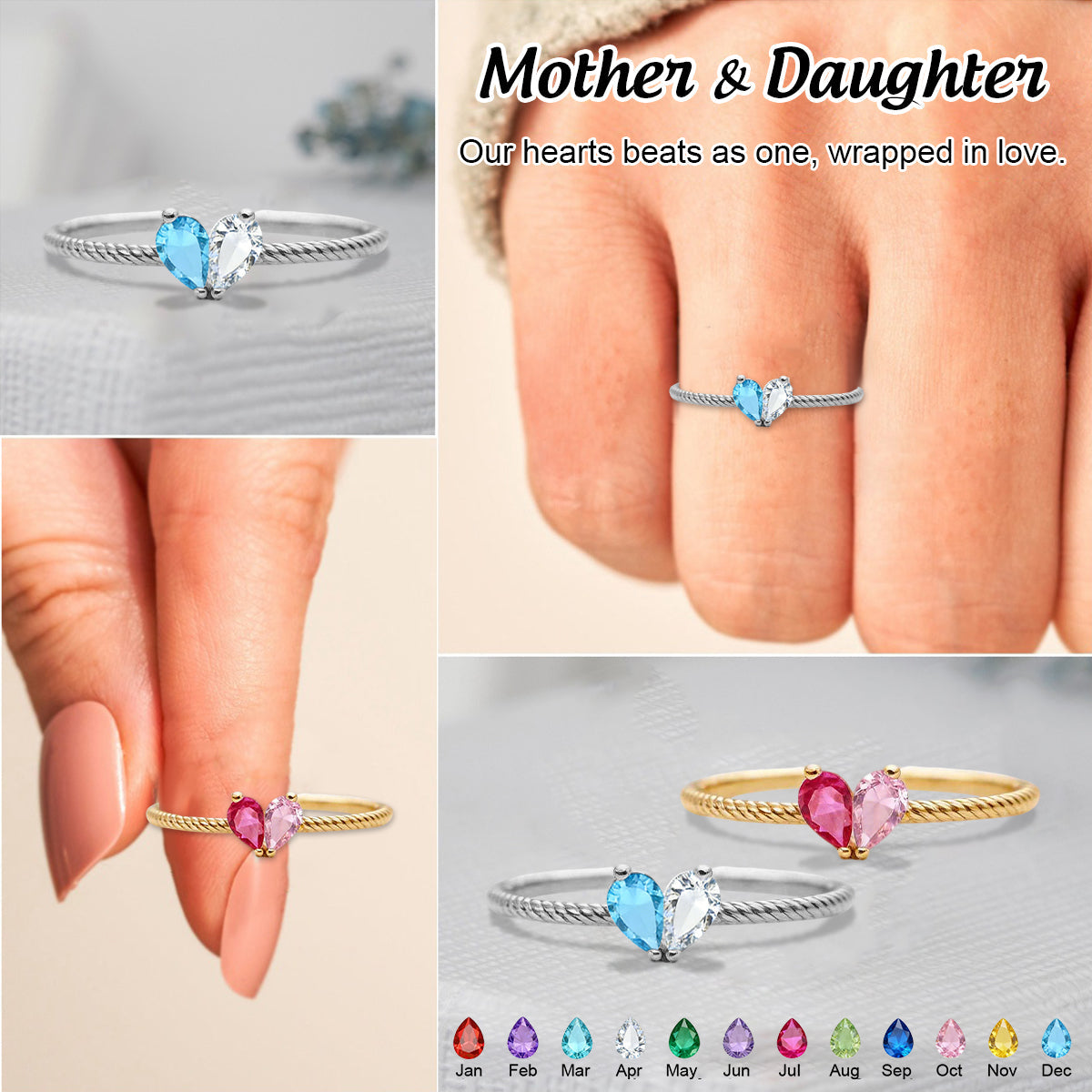 Custom Tiny Heart Birthstone Adjustable Ring