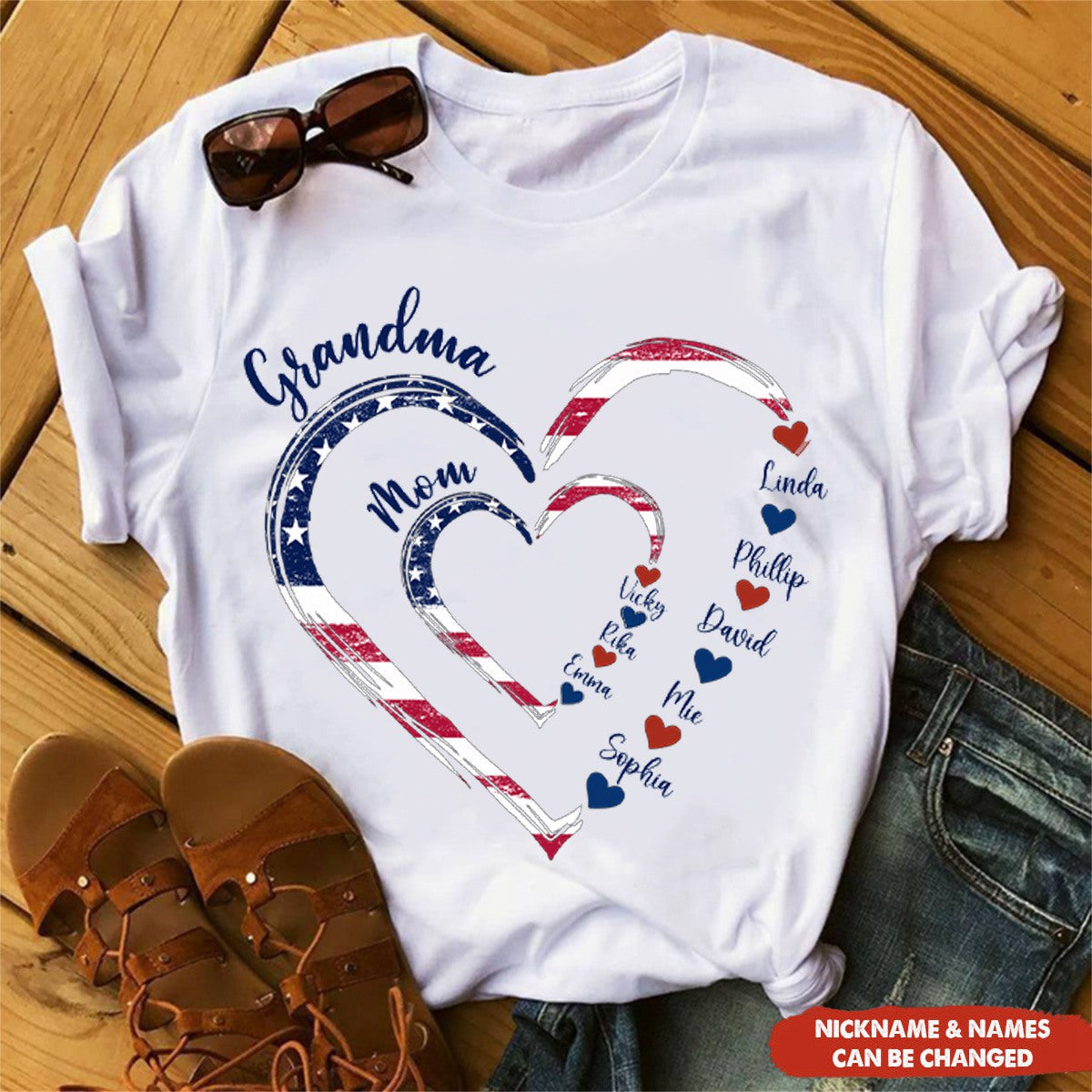 4th of July Grandma Mom Kids Heart In Heart Personalized Shirt