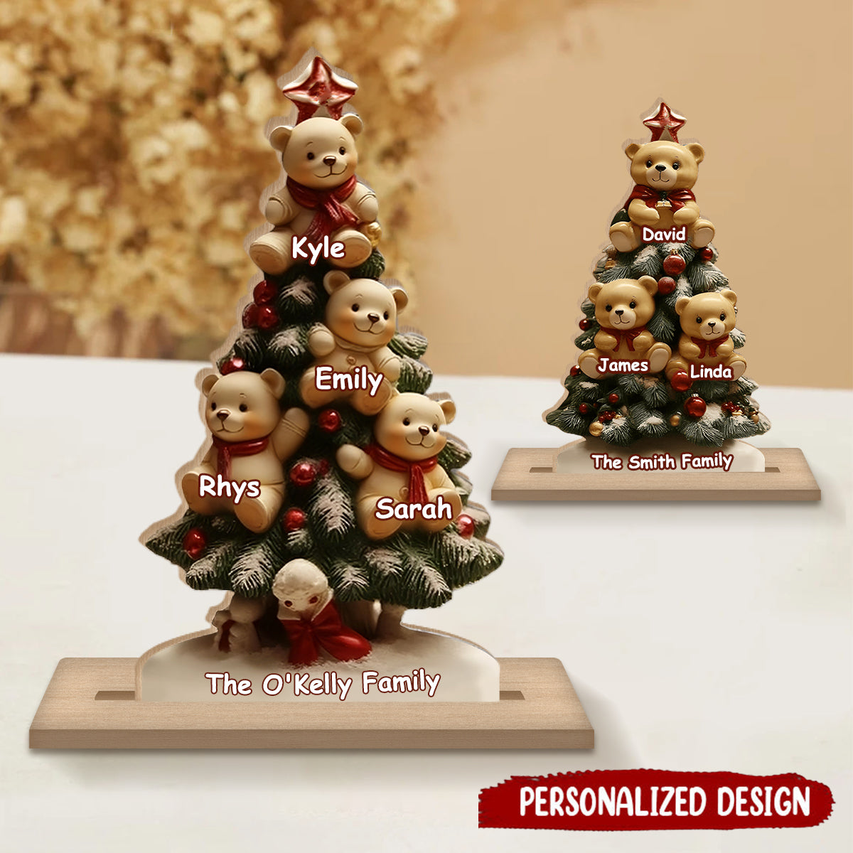 Personalized Family Christmas Tree With Cute Bear Wooden Plaque