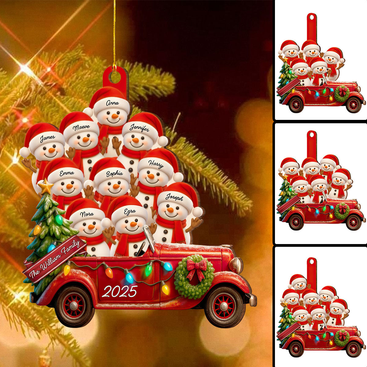 Holly Jolly Snowman Family - Personalized Christmas Wood Ornament