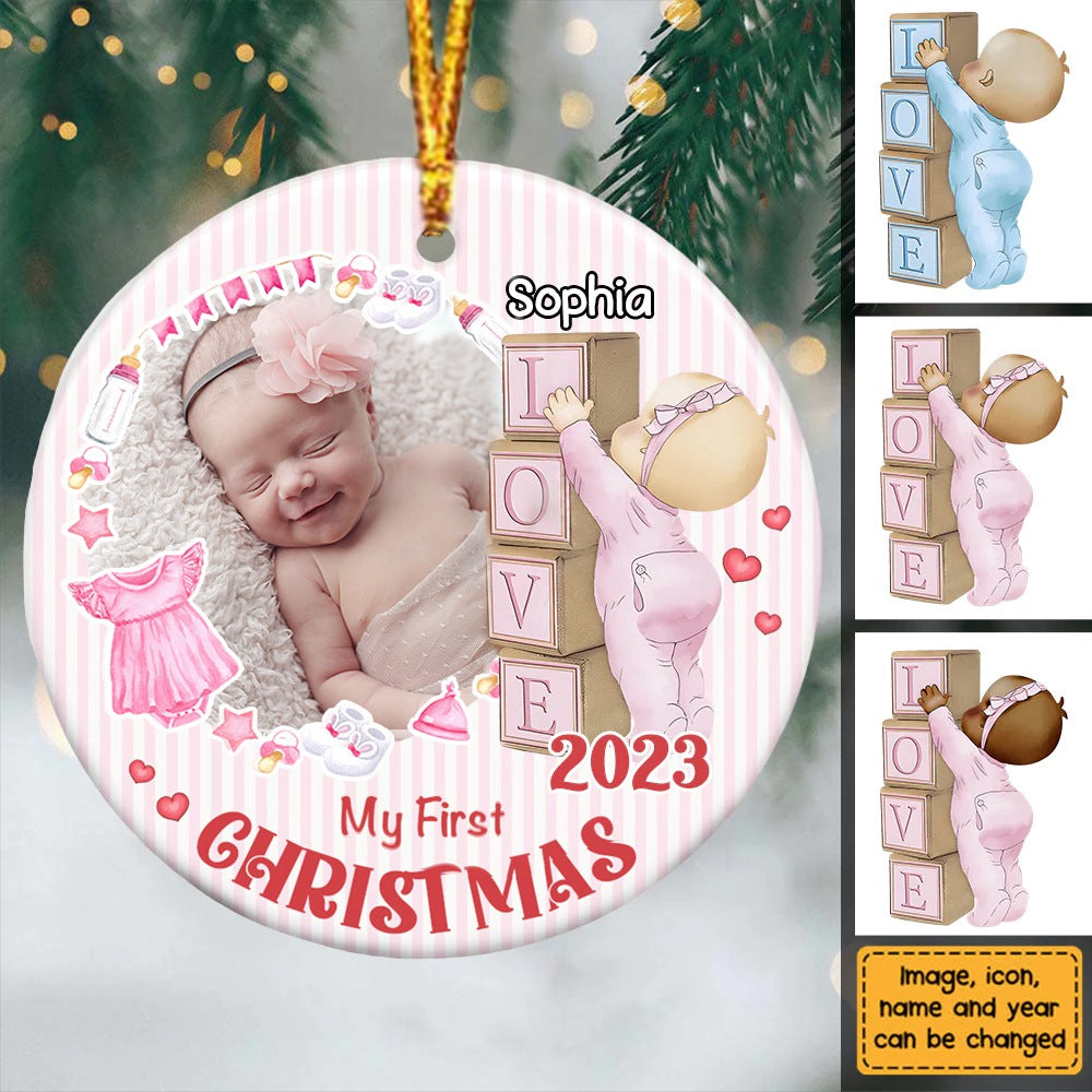 Newborn Gift Baby First Photo Circle Personalized Ceramic Ornament