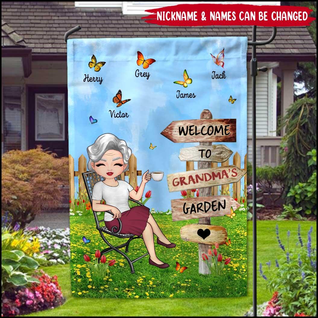 Welcome To Mom Grandma's Garden Butterfly Kids Personalized Flag