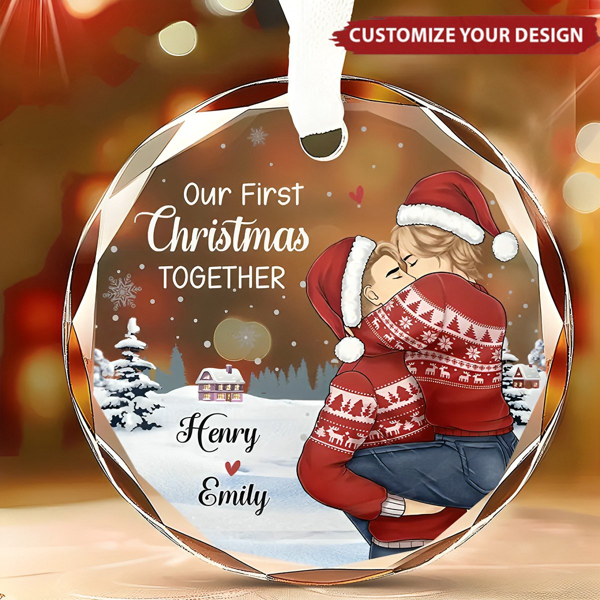 Our First Christmas - Couple Personalized Custom Circle Glass Ornament