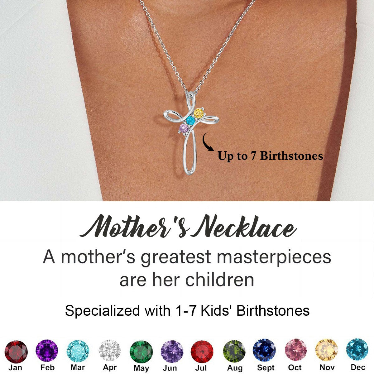 Personalized Grandma Mom 1-7 Family Cross Birthstones Necklace