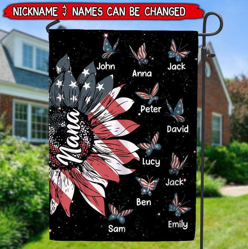 4th July Sunflower Nana Butterfly Kids, Personalized House Garden Flag