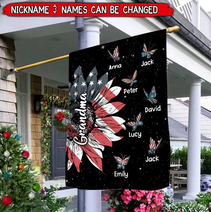 4th July Sunflower Nana Butterfly Kids, Personalized House Garden Flag