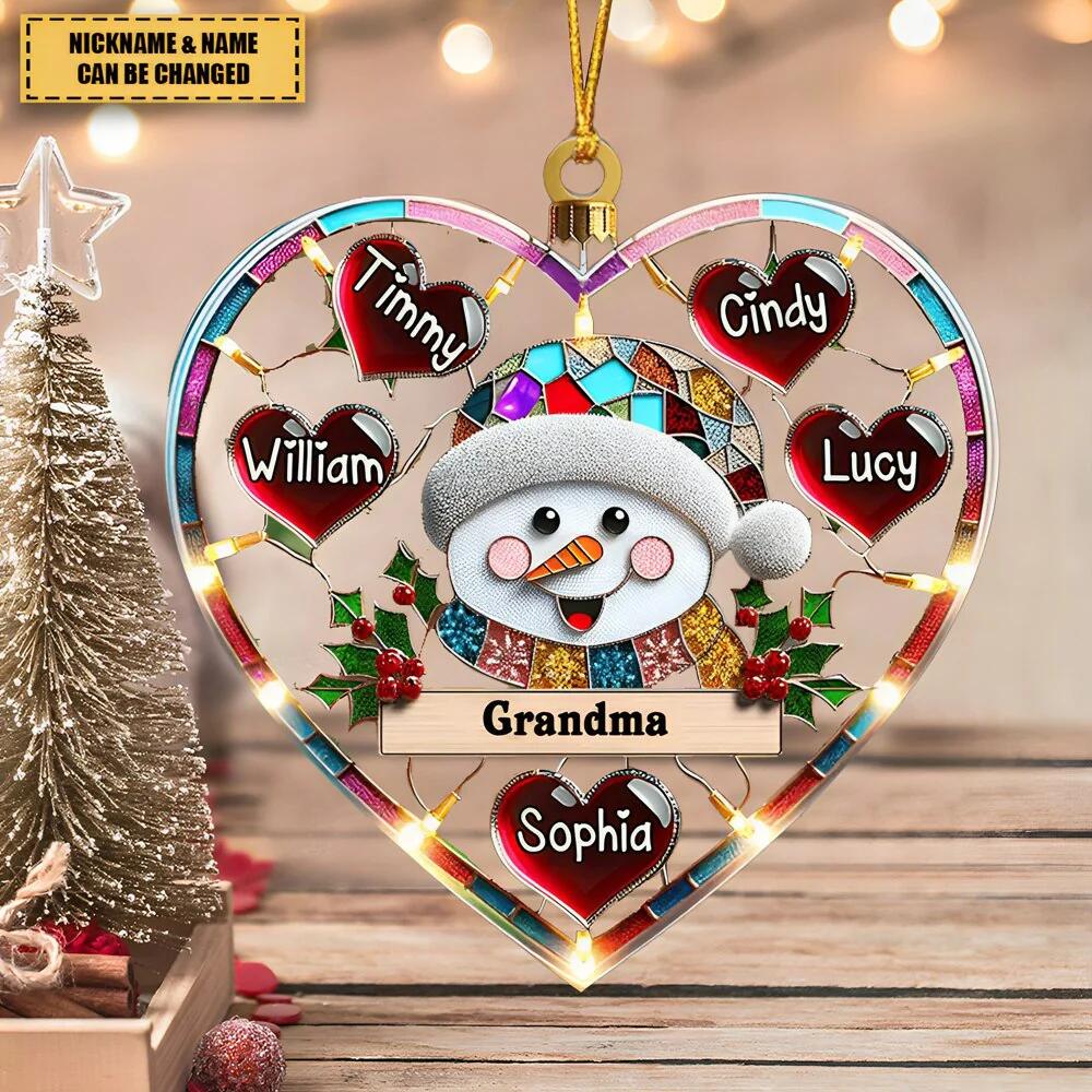 Sparkling Grandma Mom Snowman Heart Kids Personalized Ornament