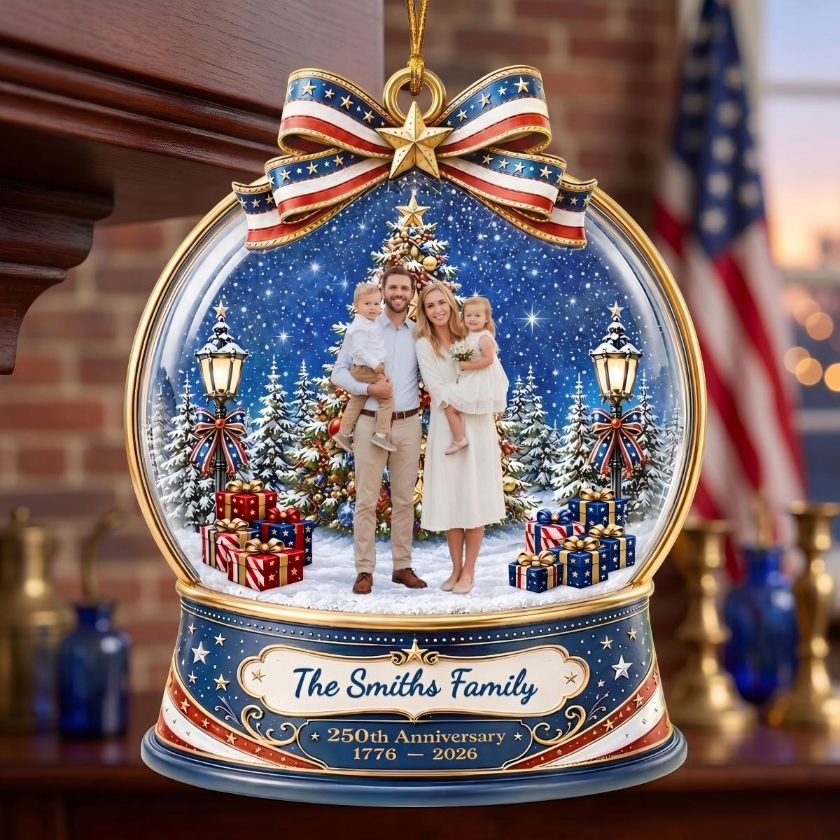 Wrapped In Love - Custom Christmas 250th Anniversary Ornament With Family Photo