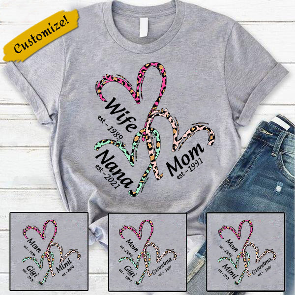 Personalized Heart Leopard Wife Mom Grandma Shirt