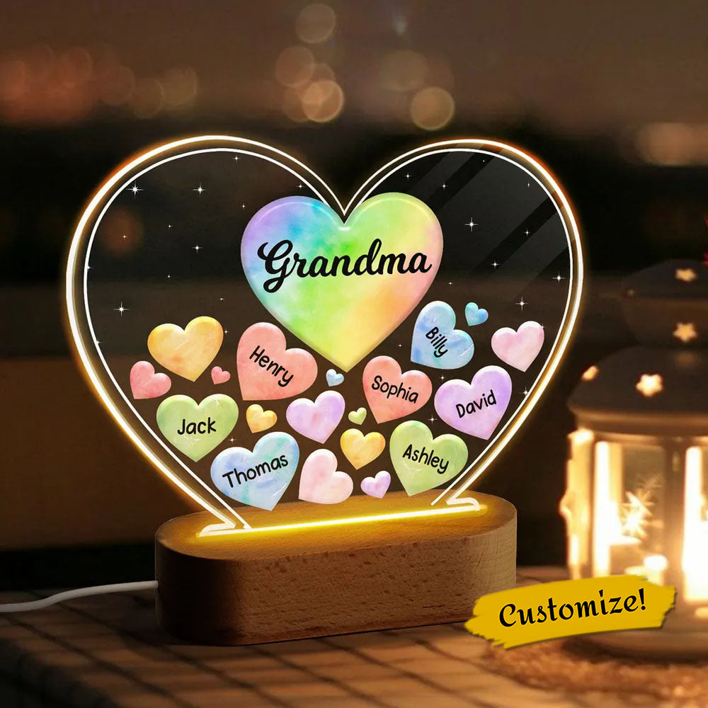 Grandma Mom Hearts In Heart Personalized Acrylic Heart LED Night Light