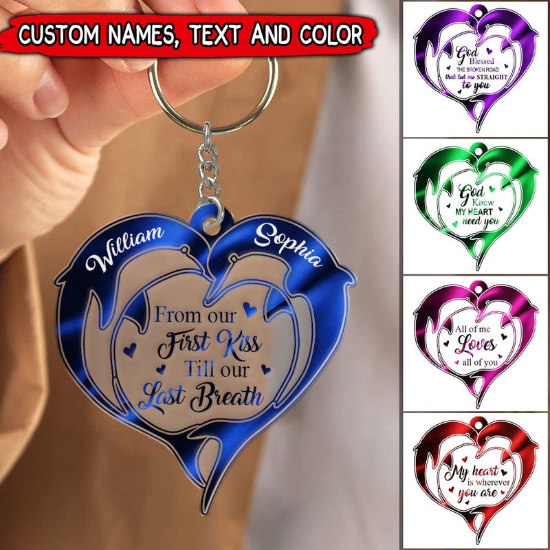 Personalized From Our First Kiss Couple Dolphins Keychain
