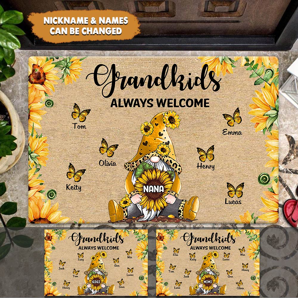 Sunflower Grandma With Butterfly Kids Always Welcome Personalized Doormat