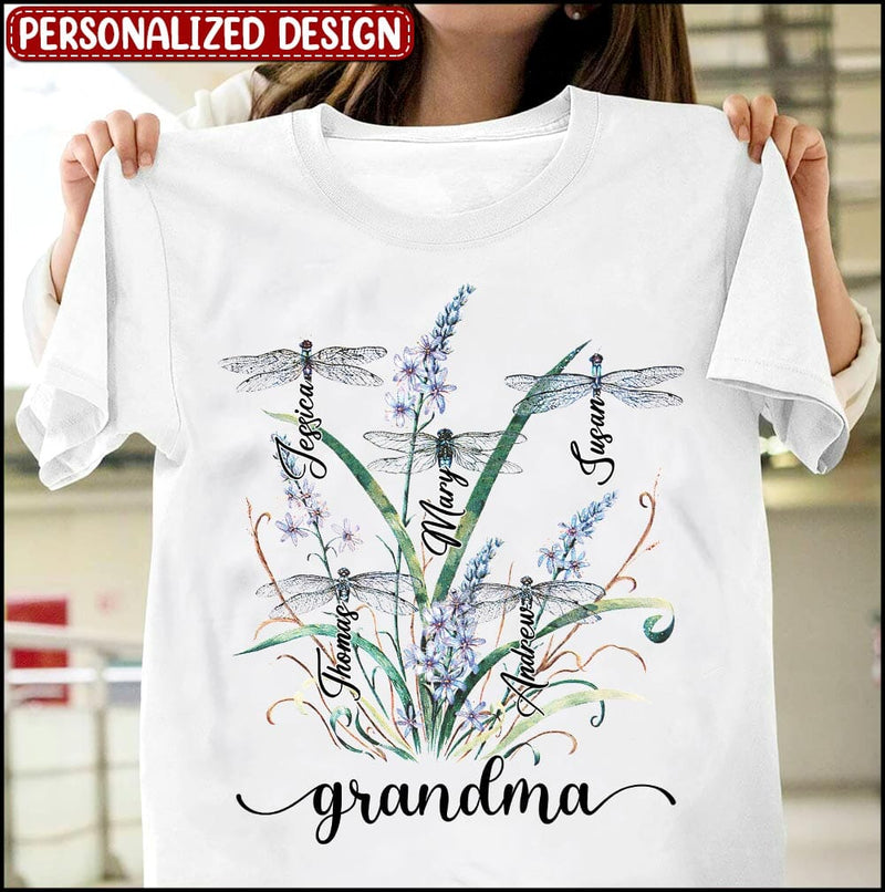 Personalized Dragonfly Grandma Mom with Grandkids T-shirt