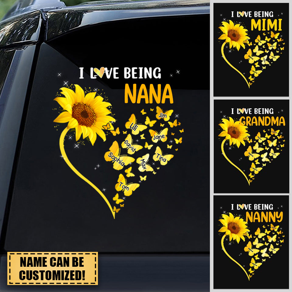 I Love Being Nana Heart Butterflies With Sunflower Personalized Sticker