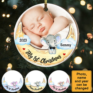 Elephant Baby And Moon First Christmas Personalized Circle Ornament
