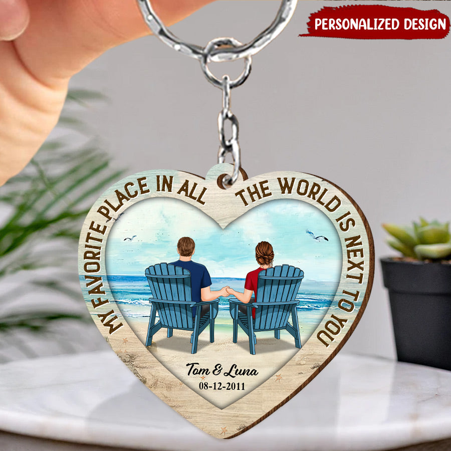 Back View Couple Sitting Beach Landscape Personalized Wooden Keychain
