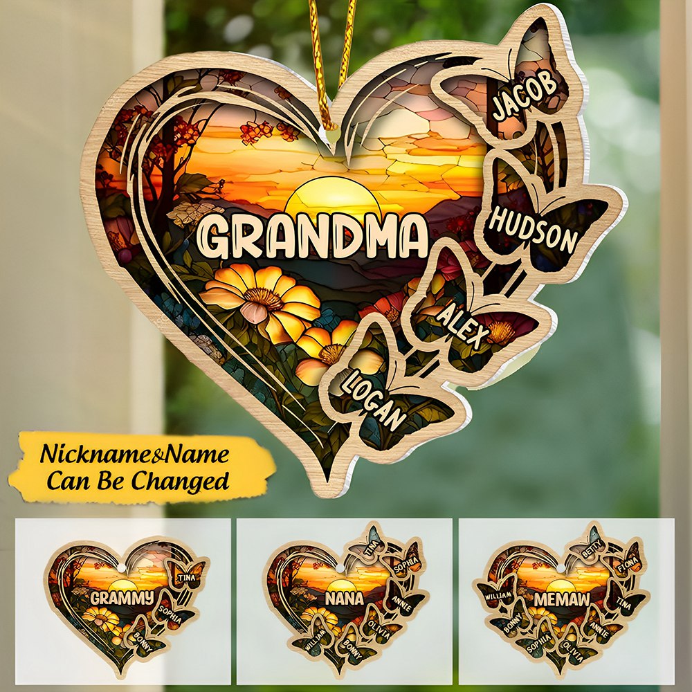 Personalized Christmas Mom Grandma Butterfly Heart Stained Glass Pattern Ornament