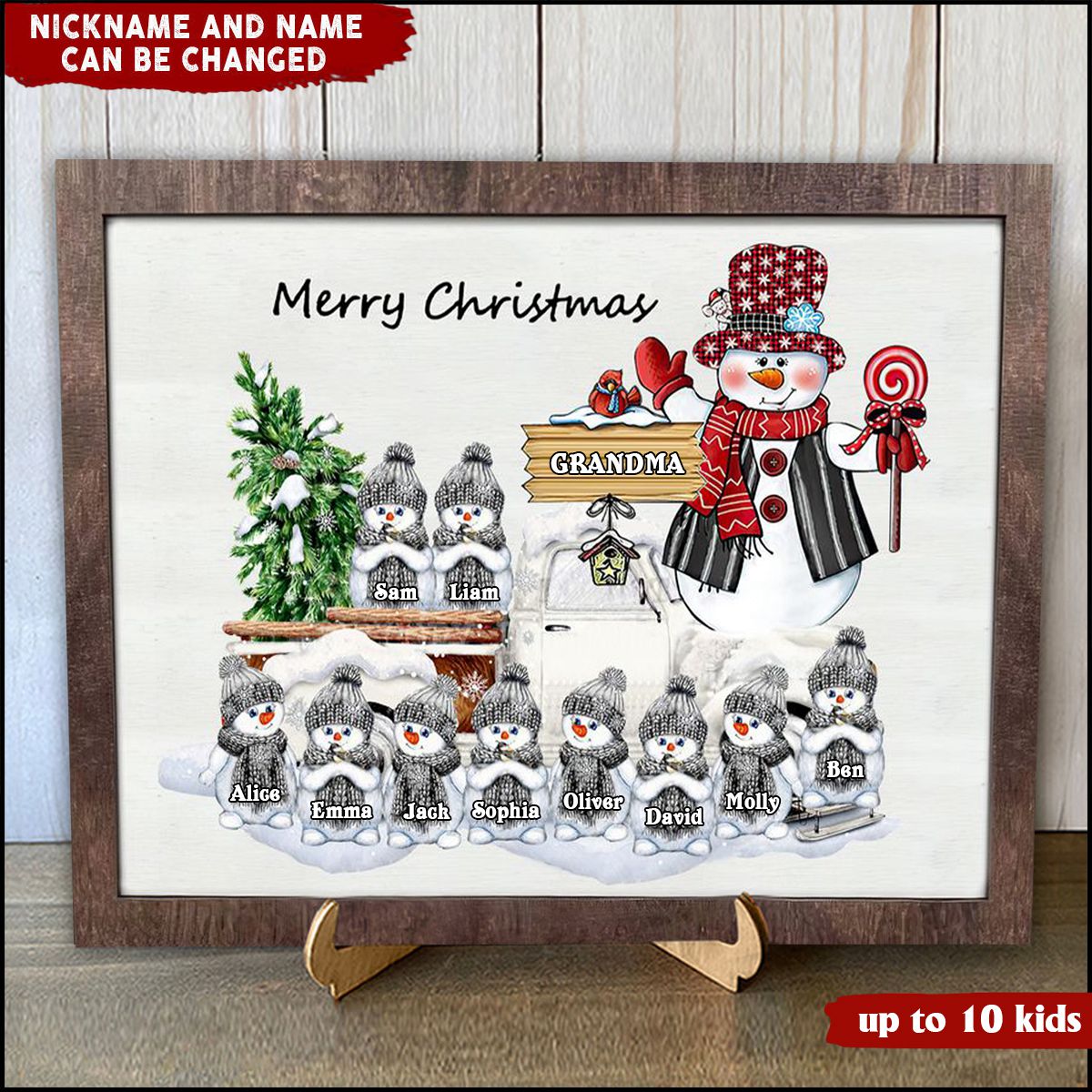 Personalized Merry Christmas Snowman Grandma Mom Kids Wood Plaque