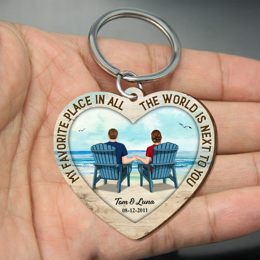 Back View Couple Sitting Beach Landscape Personalized Wooden Keychain