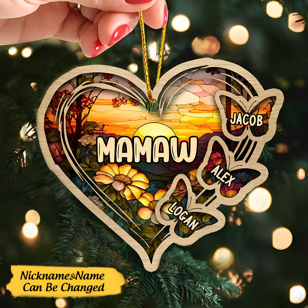 Personalized Christmas Mom Grandma Butterfly Heart Stained Glass Pattern Ornament