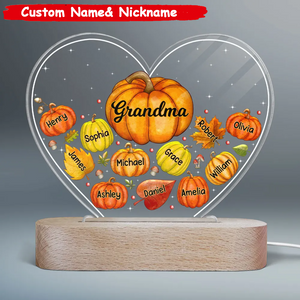 Grandma Mom Pumpkins Fall Leaves Personalized Heart Acrylic LED Night Light