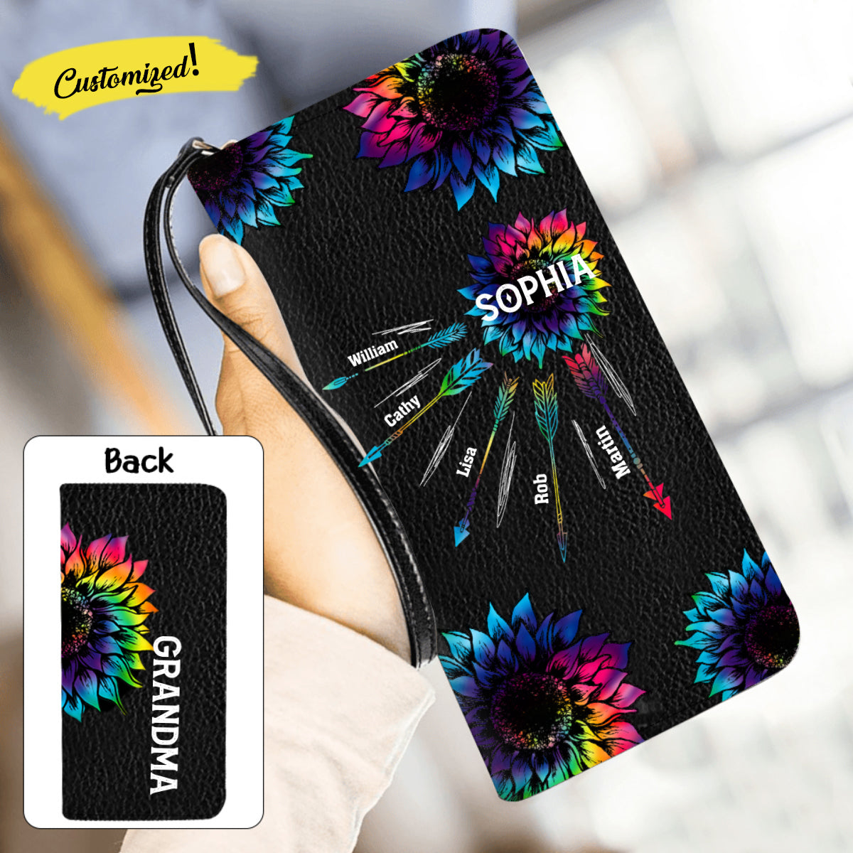 PERSONALIZED GRANDMA WITH KID NAME TIE DYE SUNFLOWER WALLET