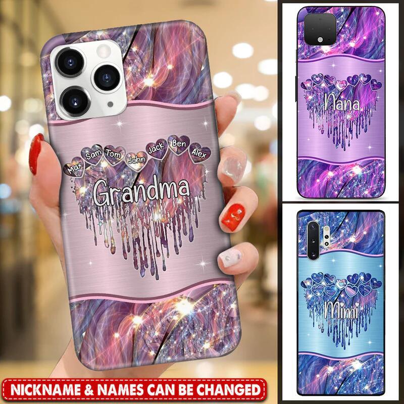Sparkling Grandma- Mom Melting Heart With Lovely Kids, Multi Colors Personalized Glass Phone Case