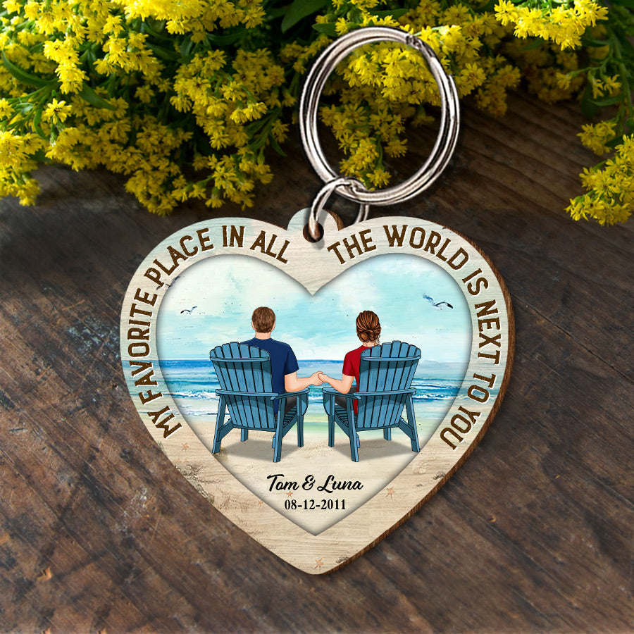 Back View Couple Sitting Beach Landscape Personalized Wooden Keychain