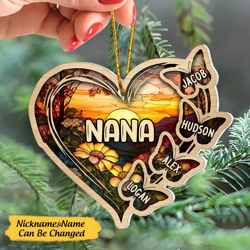 Personalized Christmas Mom Grandma Butterfly Heart Stained Glass Pattern Ornament